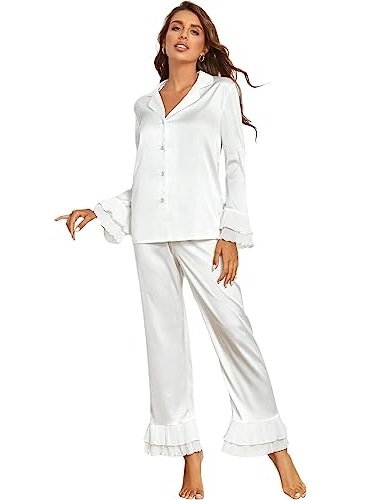 Women's Satin Notch Collar Blouse and Ruffle Hem Pants Set